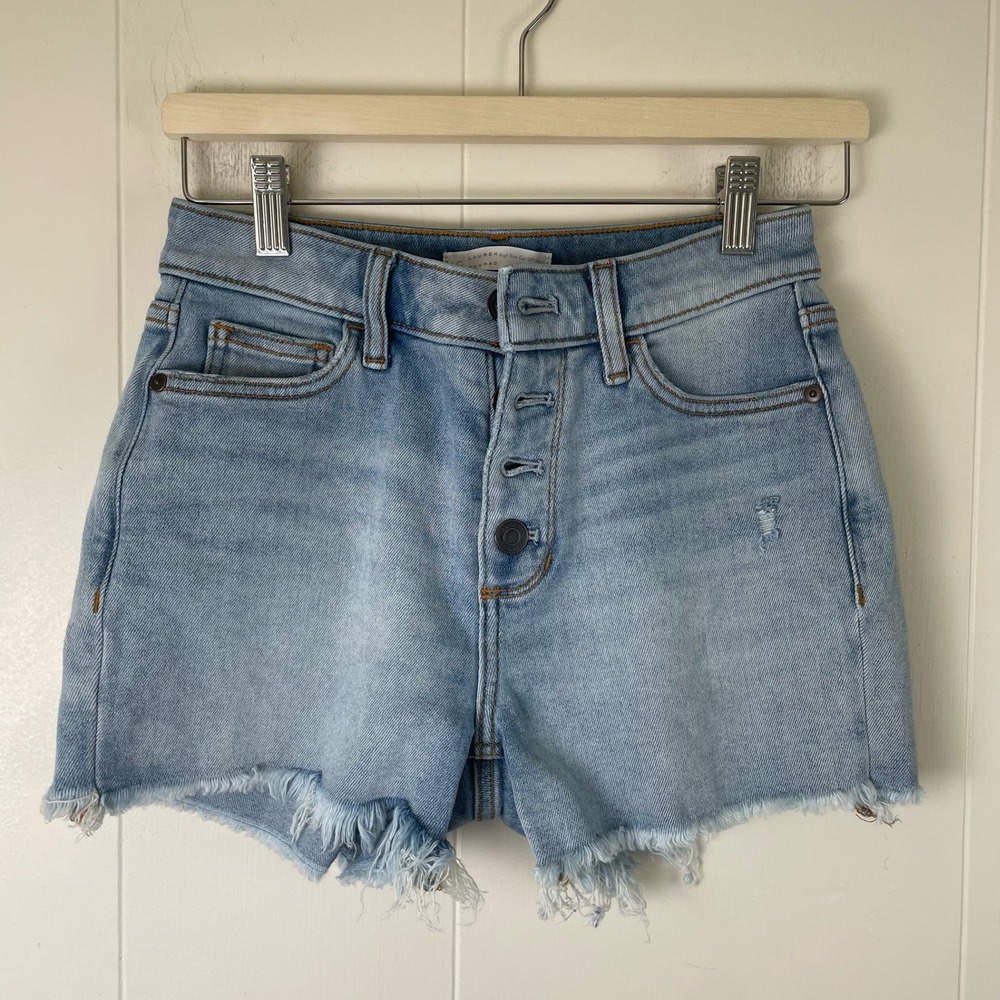 LC Lauren Conrad High Rise Light Wash Denim Button Fly‎ Cut Off Shorts